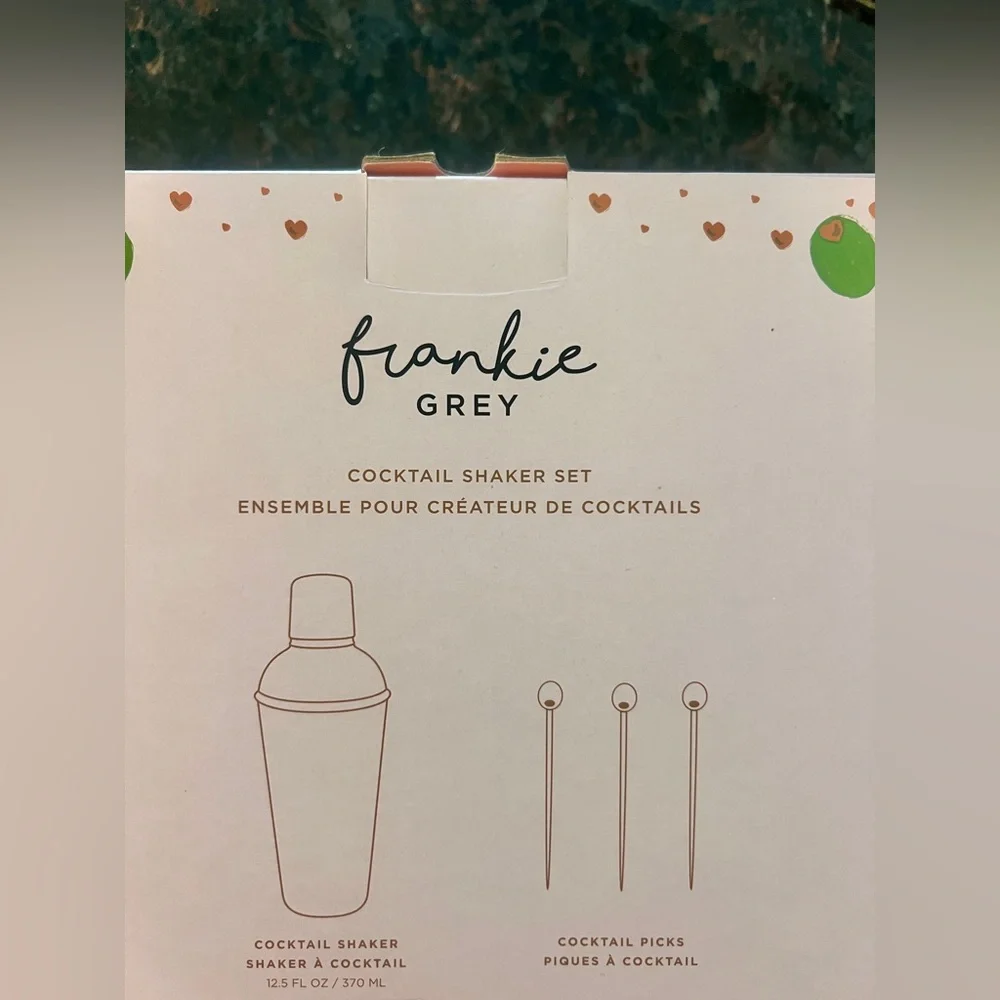 NIB Frankie Grey Cocktail Shaker Set Glass Green Olive Accents Barware 7”, 4 Pc - Picture 3 of 5